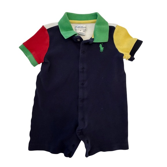 Ralph Lauren Other - Ralph Lauren Baby Boy Colorblock Polo Romper Navy Red Yellow 9M